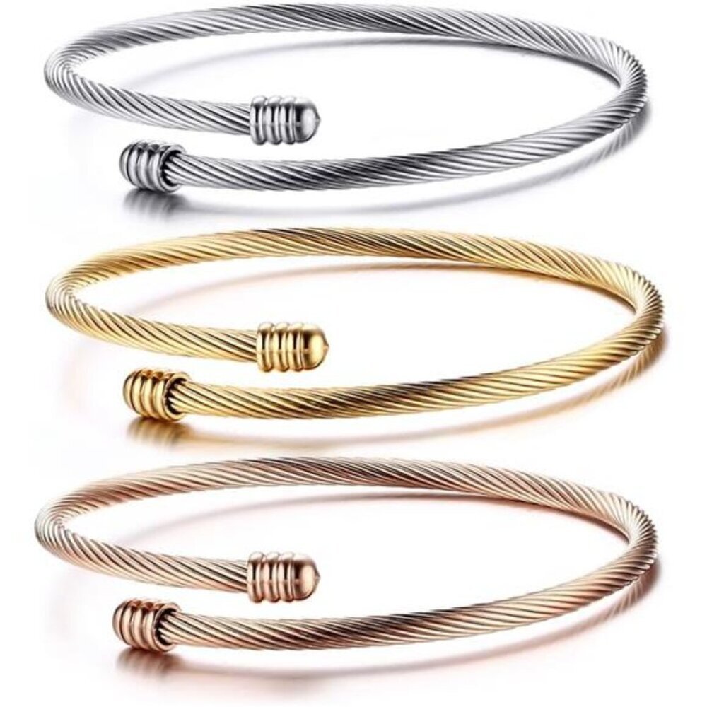 Stainless Steel Triple Cable Cuff – 3 Stackable Twisted Wire Bangles